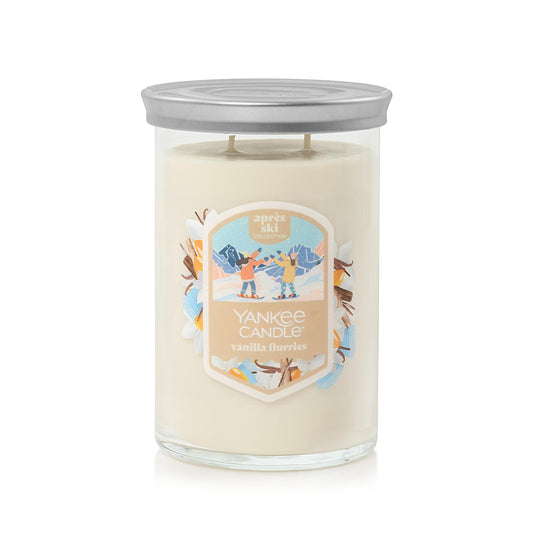 large tumbler candle with lid in vanilla flurries