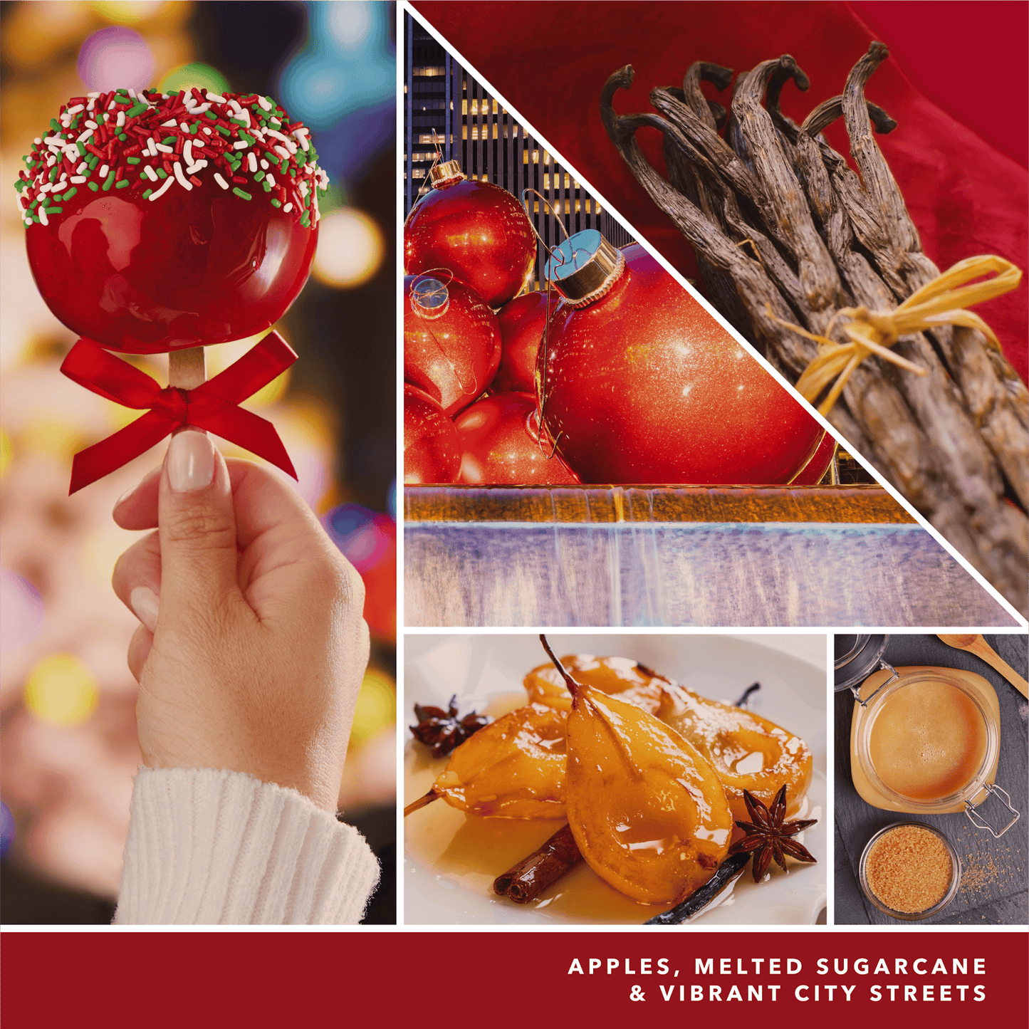 a fragrance in 2D image featuring photos of a candy apple, vanilla, red ornaments, and language reading apples, melted sugarcane, and vibrant city streets