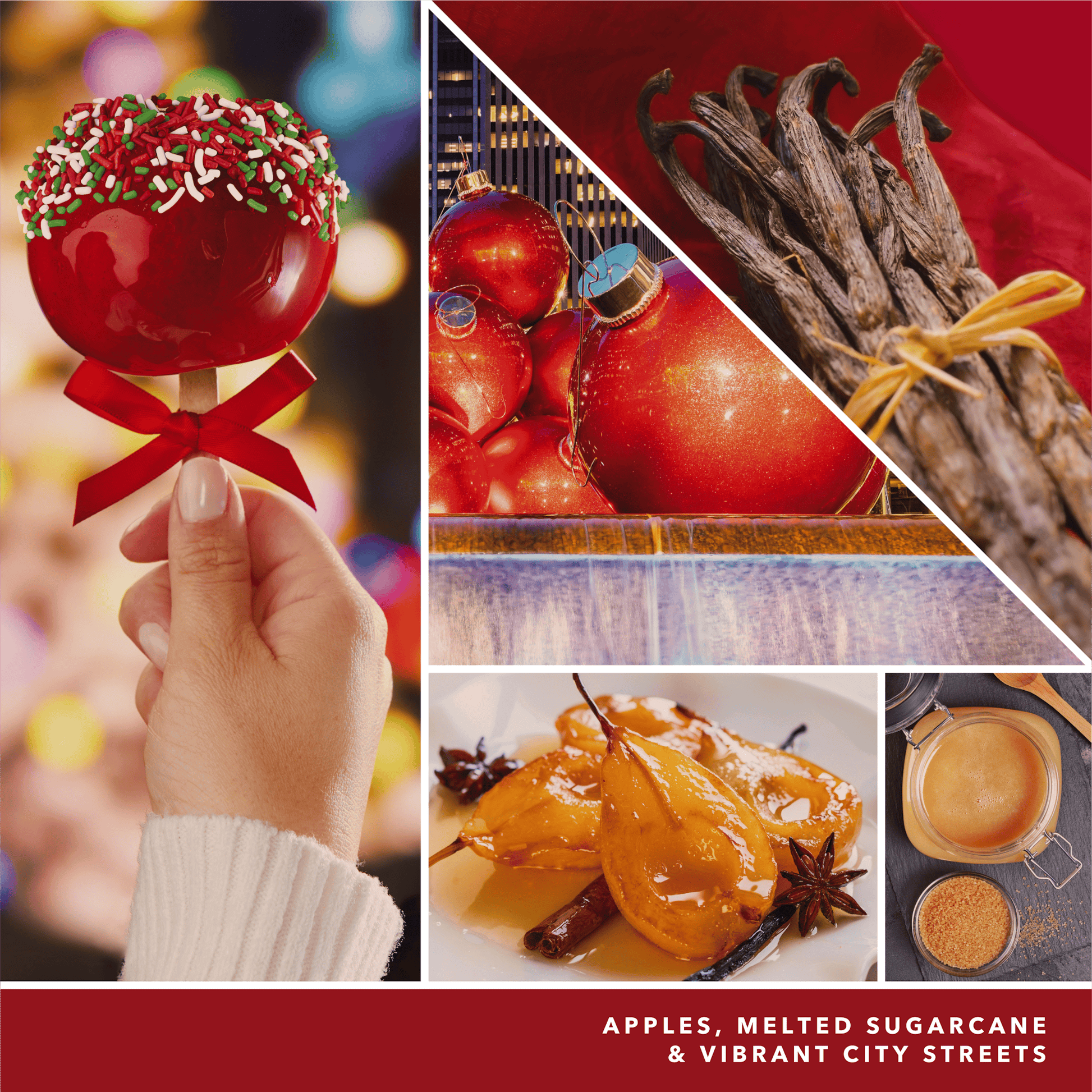 a fragrance in 2D image featuring photos of a candy apple, vanilla, red ornaments, and language reading apples, melted sugarcane, and vibrant city streets