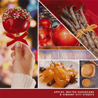 a fragrance in 2D image featuring photos of a candy apple, vanilla, red ornaments, and language reading apples, melted sugarcane, and vibrant city streets