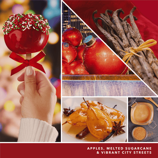 a fragrance in 2D image featuring photos of a candy apple, vanilla, red ornaments, and language reading apples, melted sugarcane, and vibrant city streets