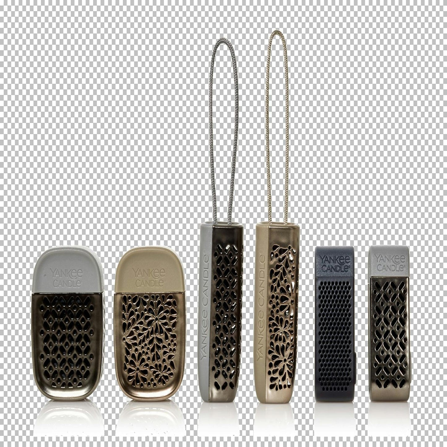 a grey Sidekick Visor Clip, a gold-colored Sidekick Visor Clip, a grey Sidekick Pendant, a gold-colored Sidekick Pendant, a black Sidekick Vent Clip, and a grey and silver Sidekick Vent Clip