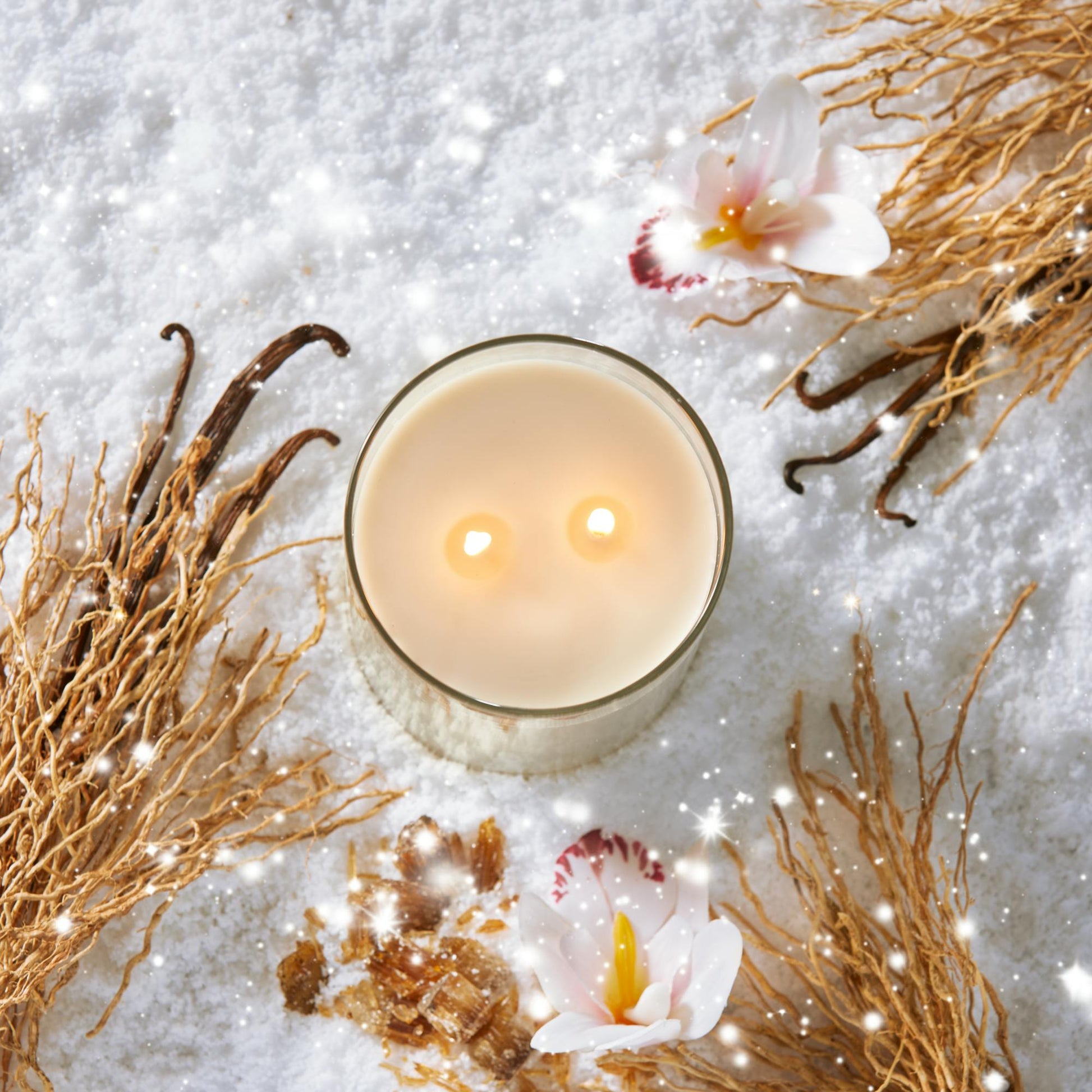 Apres Ski Collection Vanilla Flurries Signature Large Tumbler Candle in snow surrounded by vanilla and a flower