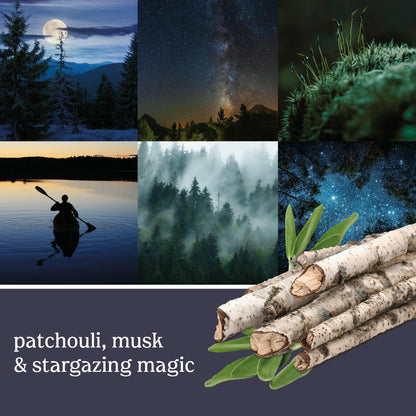 midsummers night mood board with text that reads patchouli, musk and stargazing magic