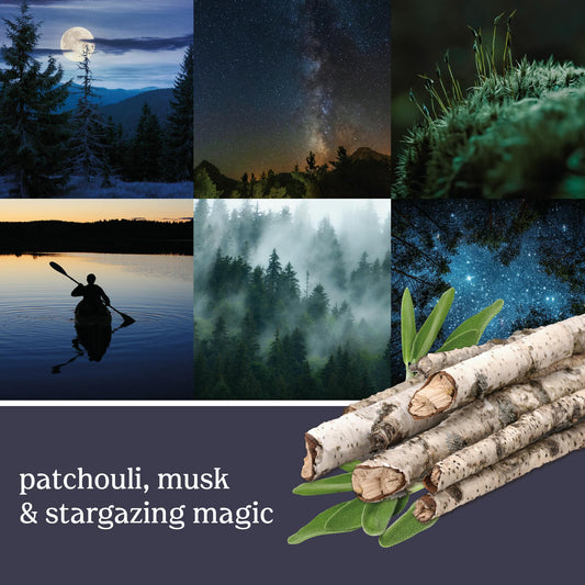 midsummers night mood board with text that reads patchouli, musk and stargazing magic