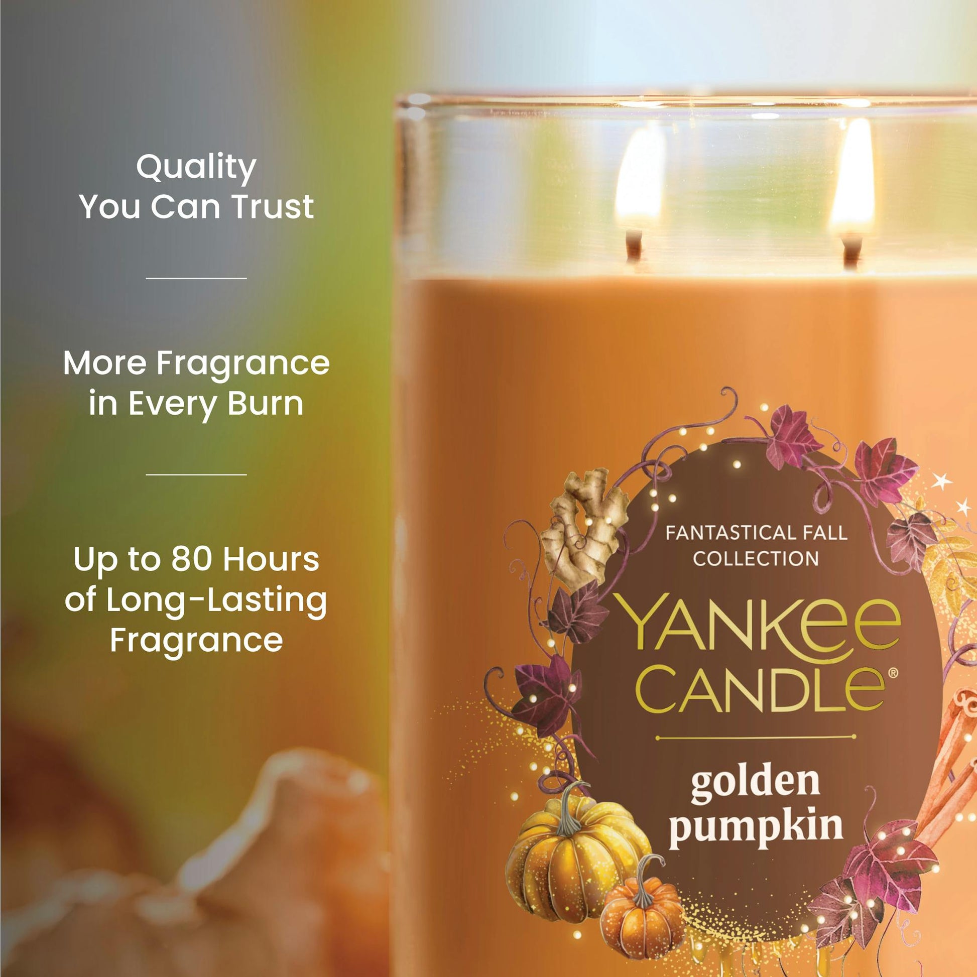Large pumpkin-scented candle with autumn design, long-lasting fragrance, and quality burn, text highlights key features