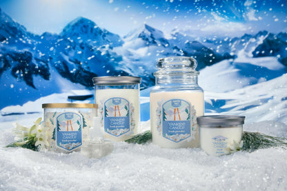 an array of fresh powder products on a snowy surface with flowers and pine needles with mountains in distance