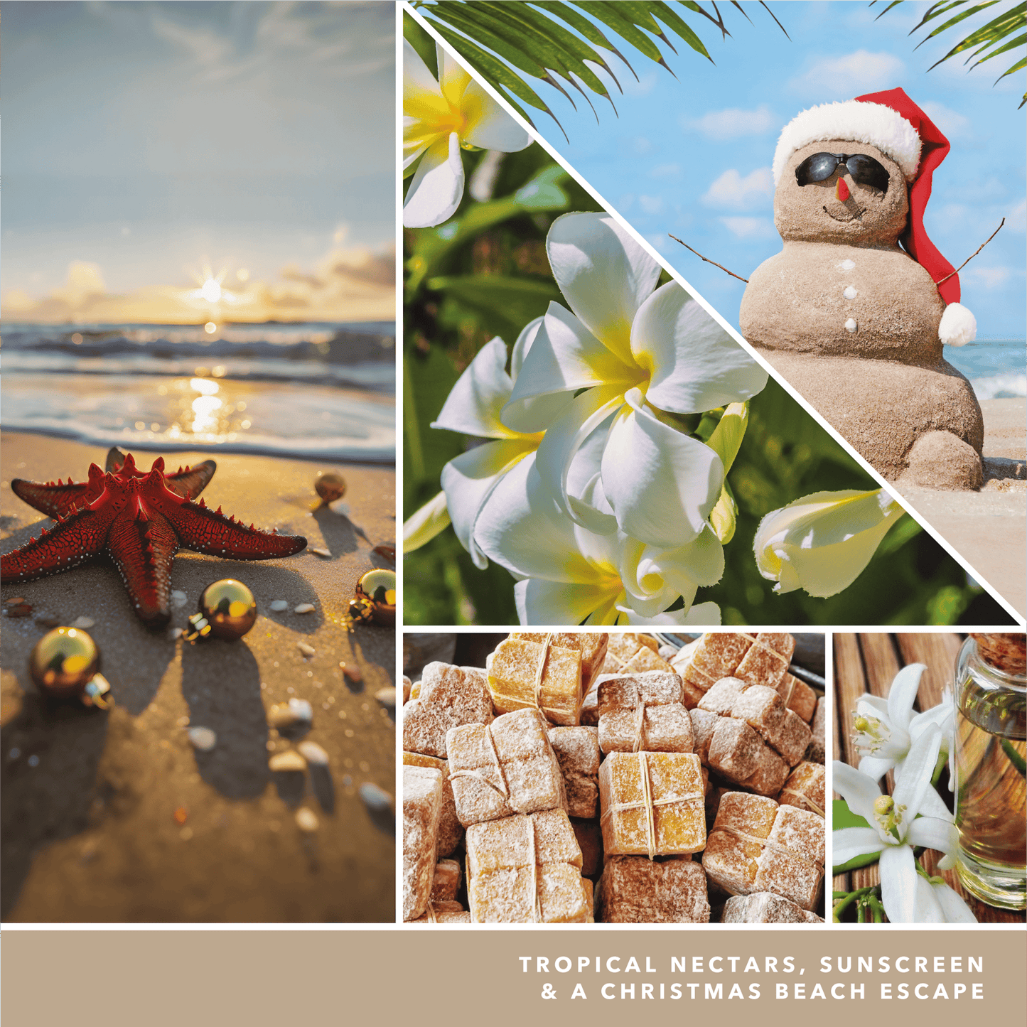 a fragrance in 2D image featuring photos of flowers, a starfish surrounded by gold ornaments, a snowman made of sand with a santa hat, and language reading tropical nectars, sunscreen, and a christmas beach escape