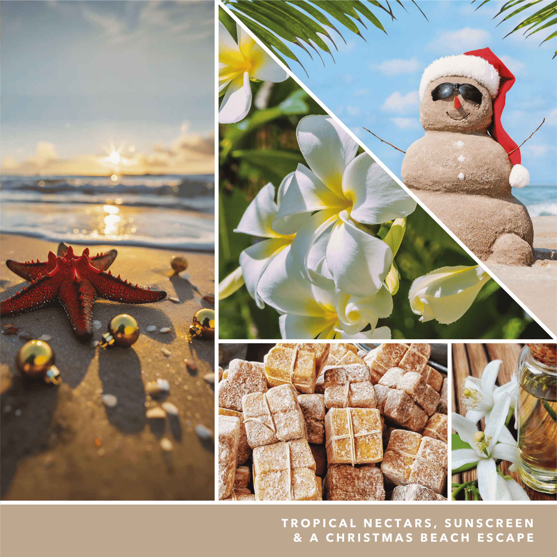 a fragrance in 2D image featuring photos of flowers, a starfish surrounded by gold ornaments, a snowman made of sand with a santa hat, and language reading tropical nectars, sunscreen, and a christmas beach escape