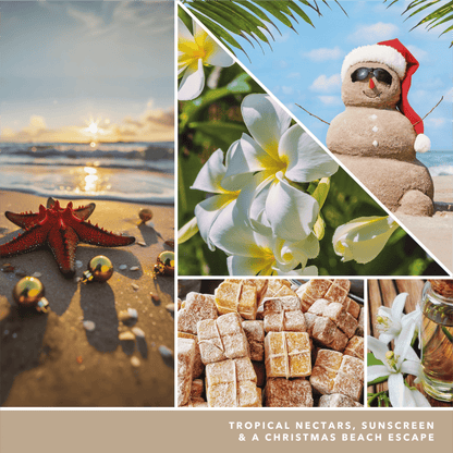 a fragrance in 2D image featuring photos of flowers, a starfish surrounded by gold ornaments, a snowman made of sand with a santa hat, and language reading tropical nectars, sunscreen, and a christmas beach escape