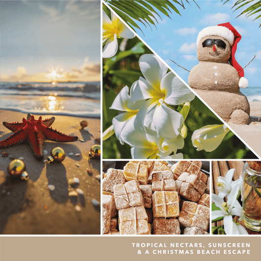 a fragrance in 2D image featuring photos of flowers, a starfish surrounded by gold ornaments, a snowman made of sand with a santa hat, and language reading tropical nectars, sunscreen, and a christmas beach escape